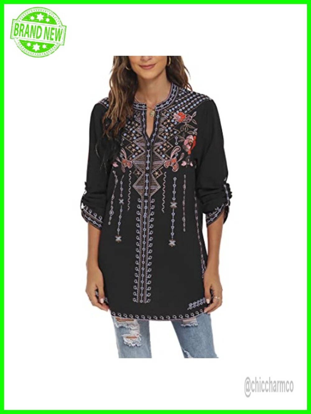Embroidered V Neck Peasant Tunic Cotton Rayon Loose Boho Blouse